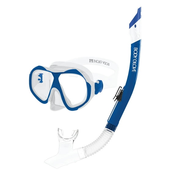 Body Glove Enlighten II Large/XL Diving Snorkel and Goggles Mask Set, Clear/Blue