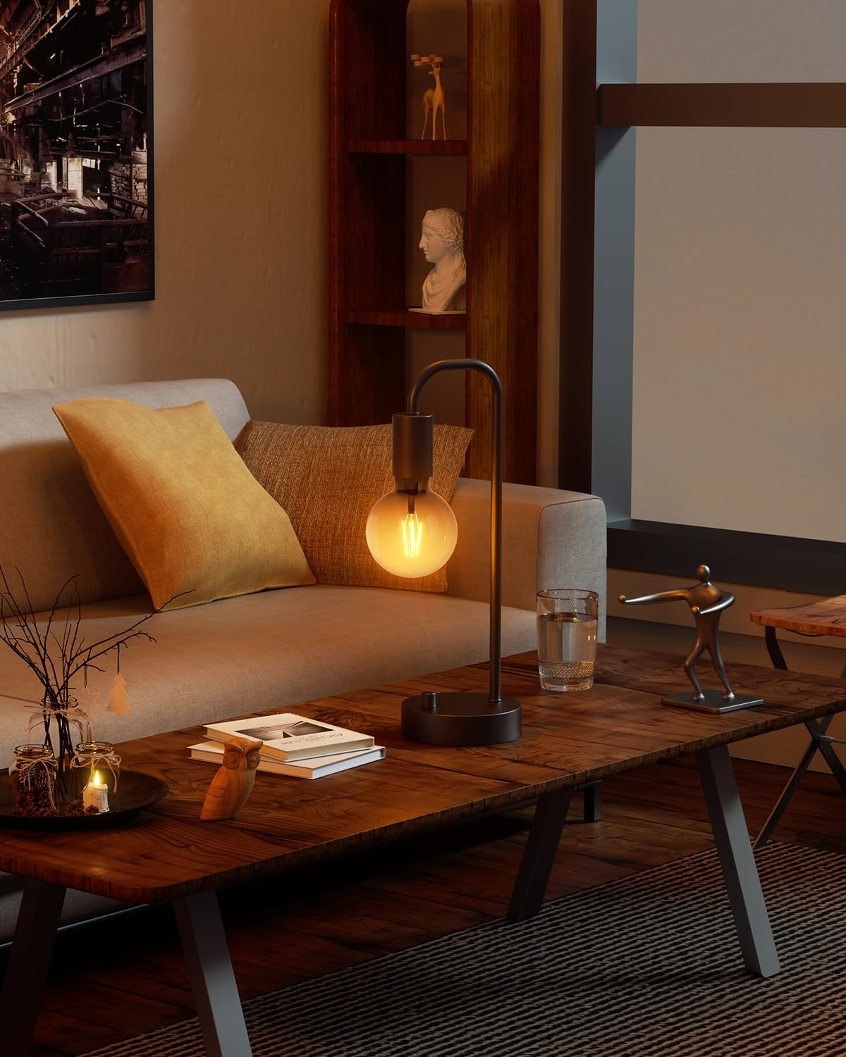ONEWISH 15.75" Industrial Table Lamp Fully Dimmable Bedside Lamp with 2700K Bulb Nightstand Lamps for  Bedroom Dorm Office