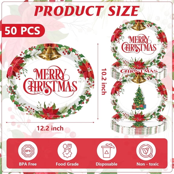 YUYAN-50 PCS Oval Christmas Paper Plates, 12.2" x 10.2" Disposable Xmas Trees Paper Plates, Holly Leaf Platters Christmas Party Decorations, Tableware Set for Holiday Family New Year Party Dinnerware