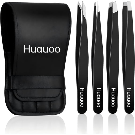 4 Pcs Tweezers Set, Stainless Steel Hair Removal Makeup Tool, Gift, Black
