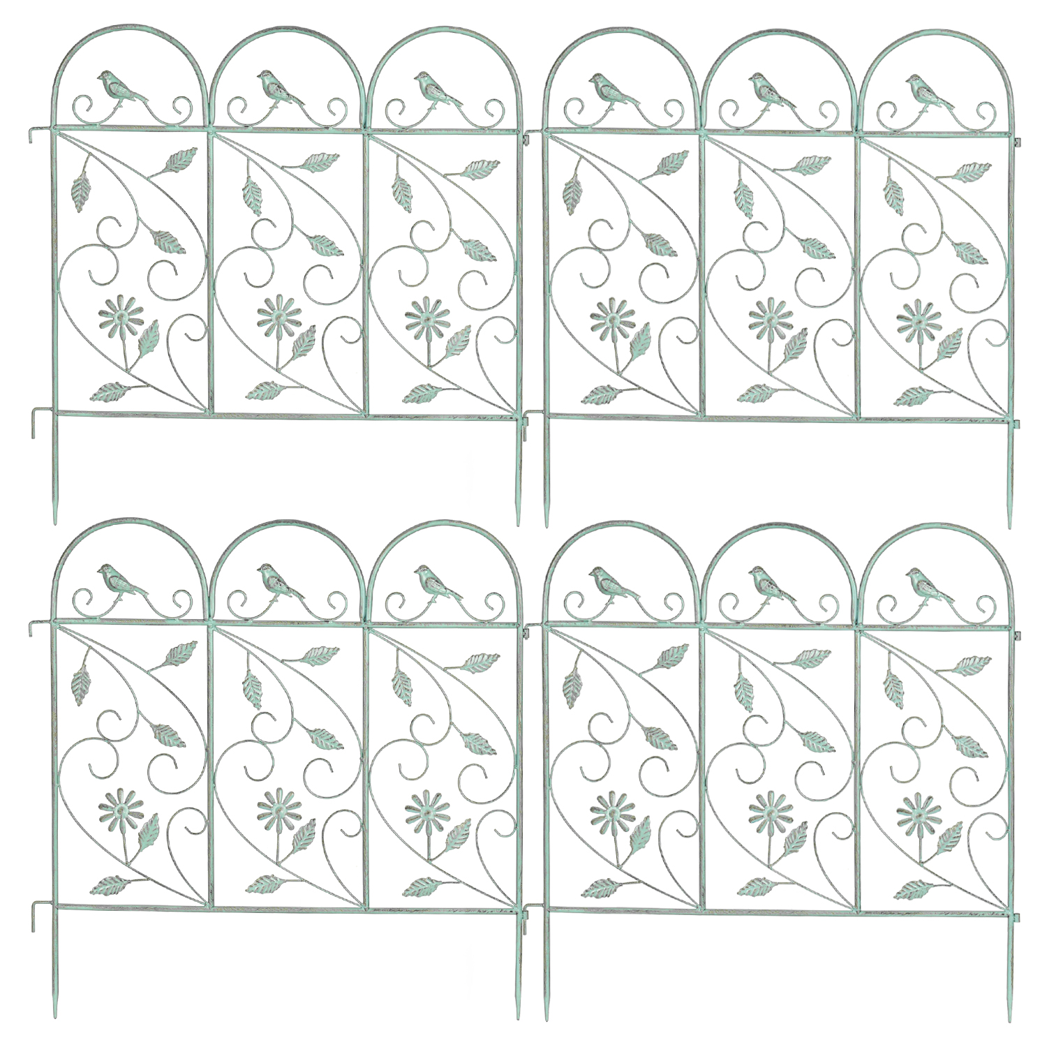 Sungmor Rustic Garden Edging Border, Wrought Iron Picket Fence Panels Decorative Landscape, Green, 4-Piece