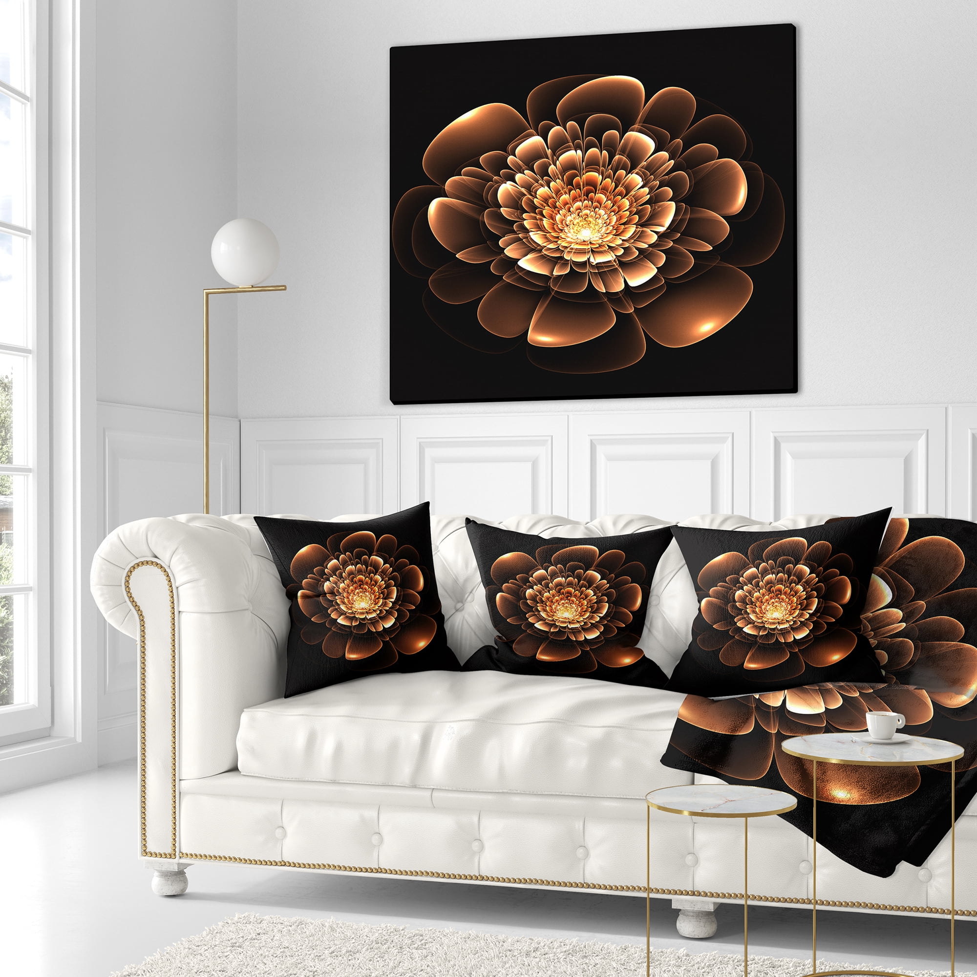 Designart Glittering Brown Yellow Fractal Flower - Floral Throw Pillow - 16x16
