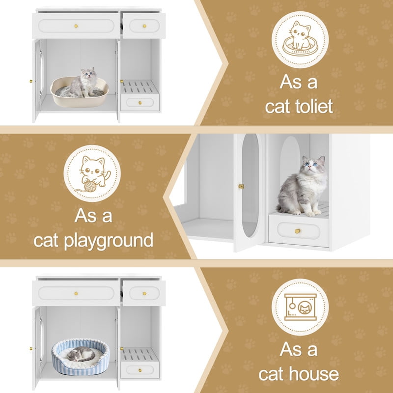Mirightone Hidden Cat Litter Box Enclosure with Storage Drawer Table, Cat Box Enclosure Furniture with LED Light & Acrylic Doors, Indoor Pet House for Living Room & Entryway, White