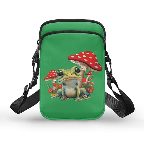 HELLHERO Frog and Mushroom Pattern Double-layer Crossbody Bag with Adjustable Strap Polyester 4.33"x1.97"x7.09" for Women