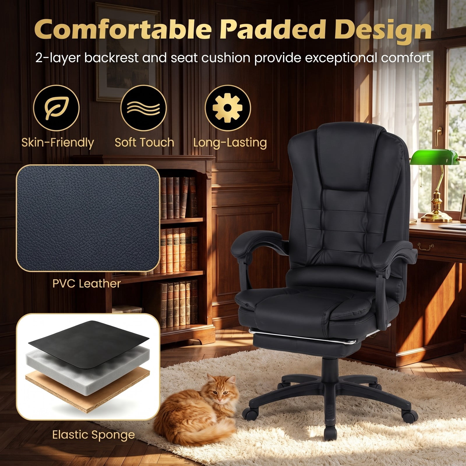Furnibear Massage Office Chair with Footrest, Reclining High Back and Swivel Seat, Ergonomic USB Vibration Executive Computer Desk Chair with Adjustable Padded, Black