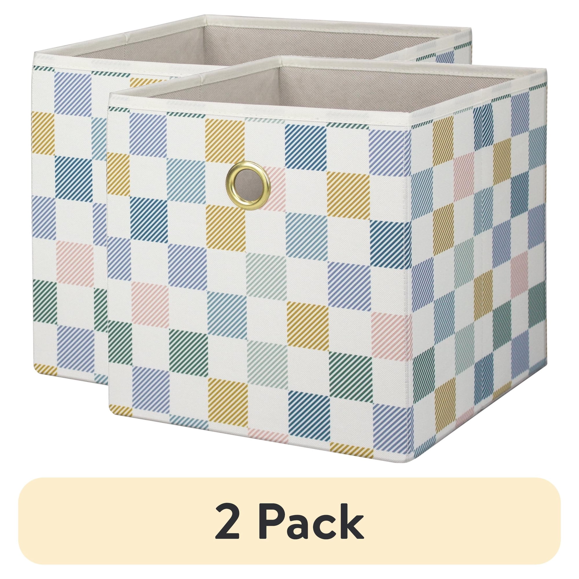 (2 pack) Mainstays Collapsible Fabric Cube Storage Bin, Multi Check, Closet Organizer with Metal Handle, 10.5 Inch