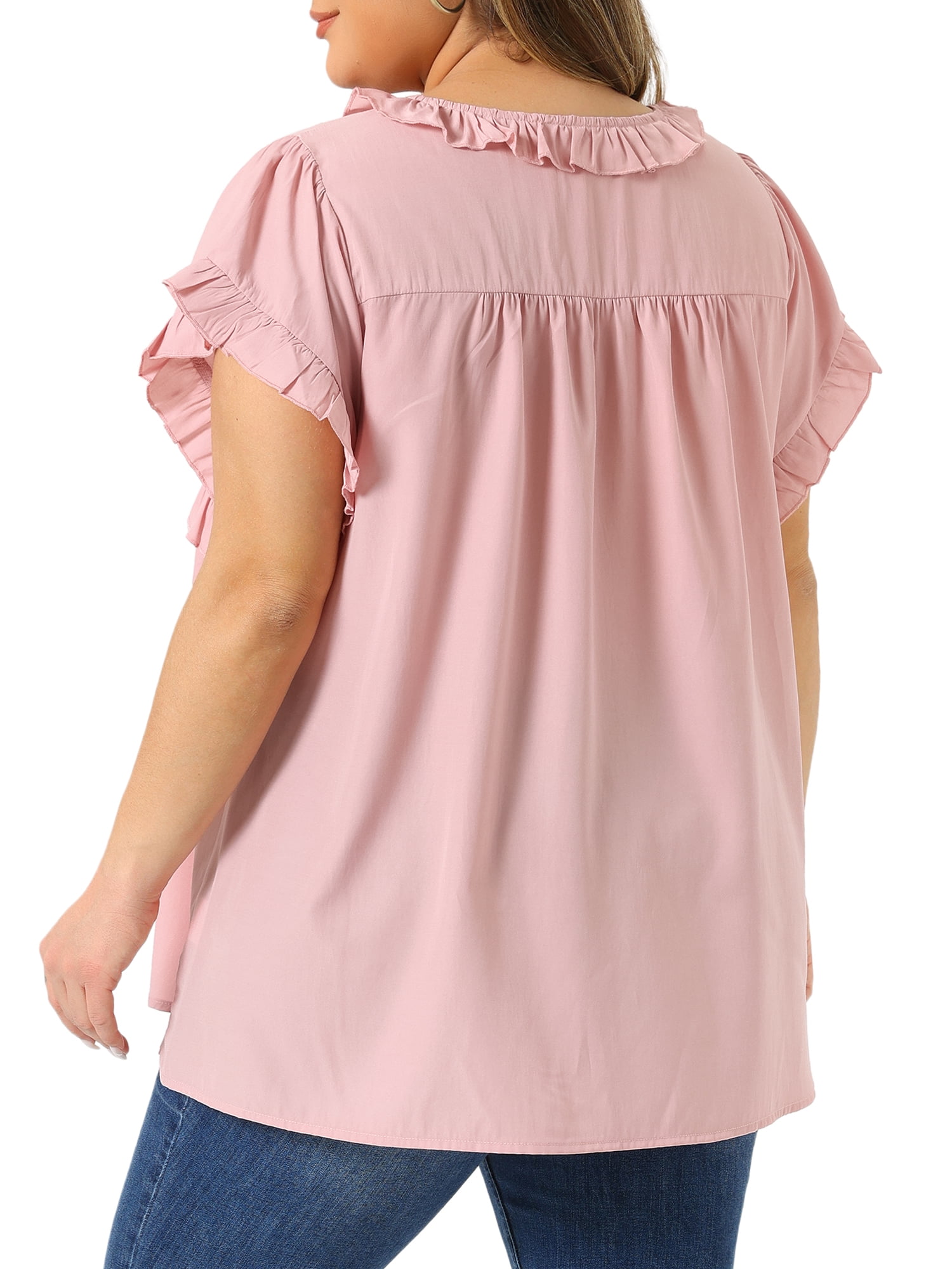 DARING DIVA Women's Plus Cute V Neck Ruffle Trim Babydoll Blouse 1X Pink
