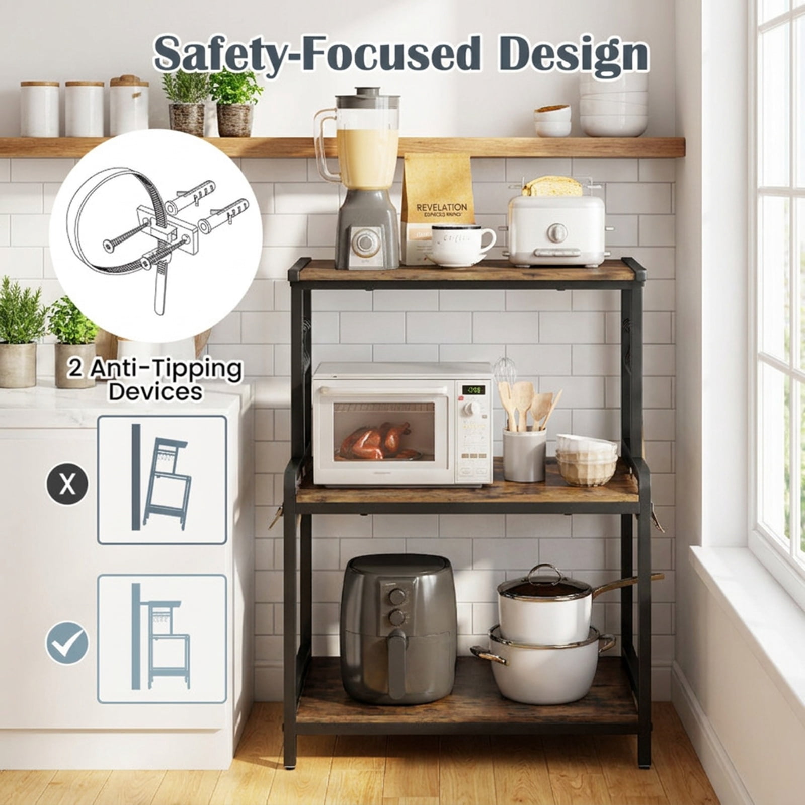 Furnibear 3-Tier Rolling Microwave Cart with Power Outlet and Lockable Wheels and 10 Hooks for Kitchen Dining Home Rolling Utility, Rustic Brown