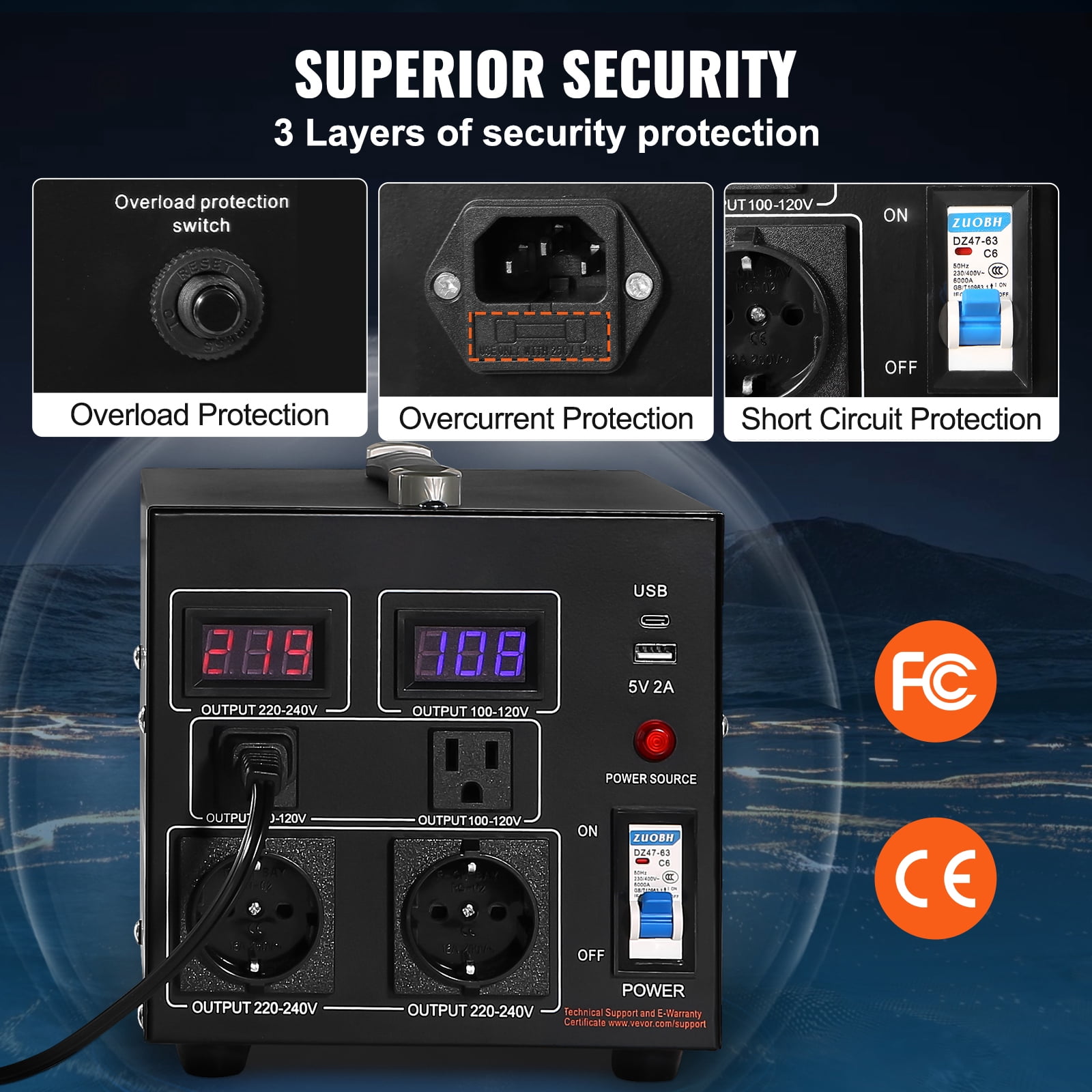 SKYSHALO Transformer Step Up/Down 220V-110V /110V-220V 1000W 2 LED Voltage Converter