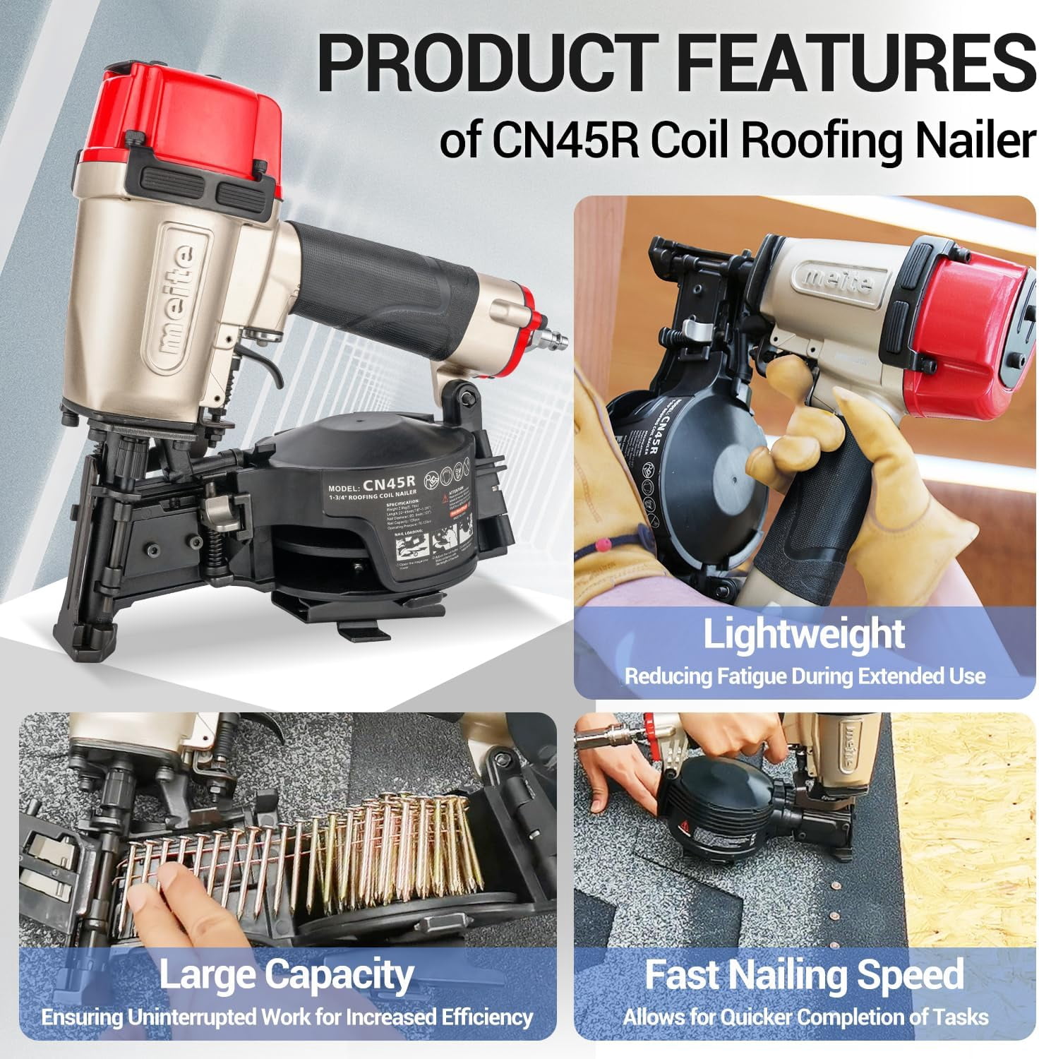 MEITE CN45R Pneumatic Coil Roofing Nailer CN45R 15 Degree 7/8" to 1-3/4" Length Coil Roofing Nail Gun Pistolas