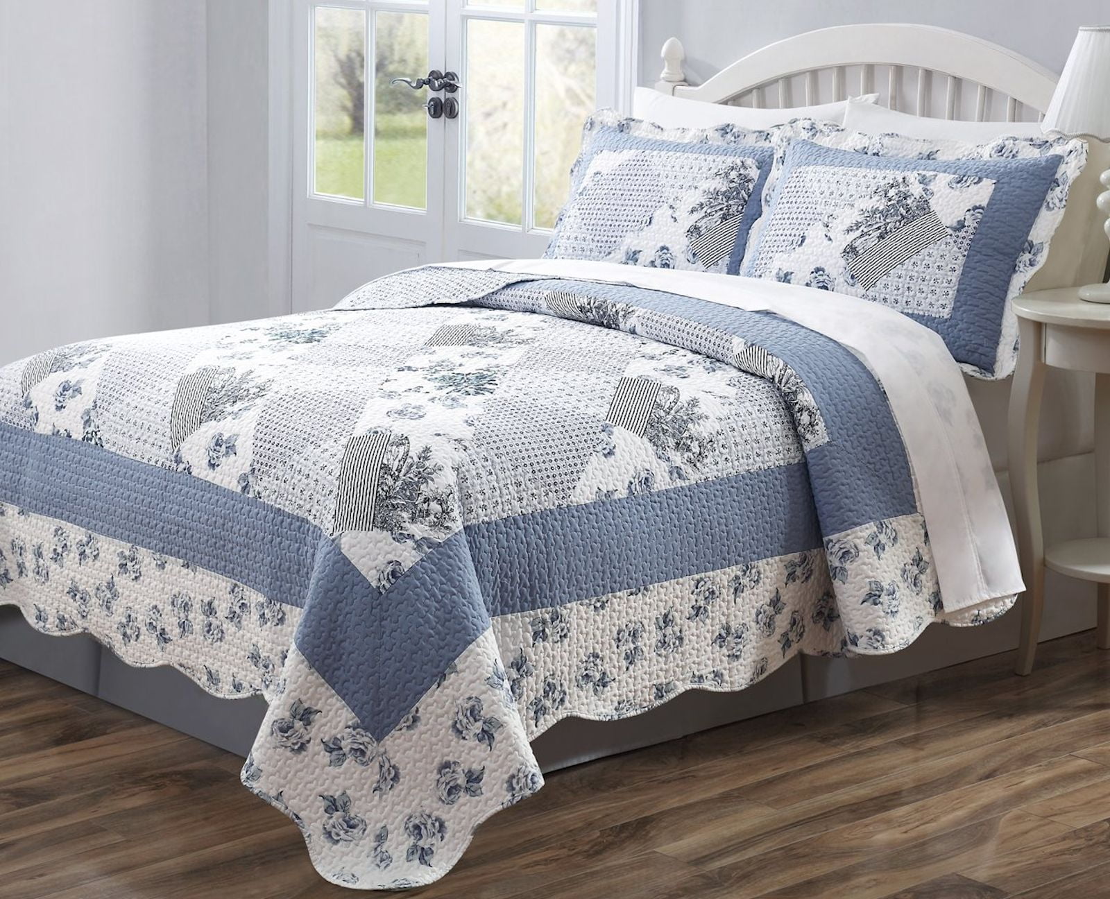 Legacy Decor 3 PCS Quilt Bedspread Coverlet Blue and White Floral