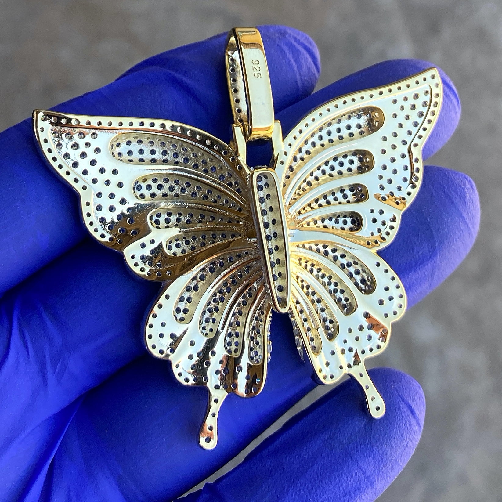 Real 925 Sterling Silver w/Gold Finish Flooded Micro Pave Iced Bling Butterfly Pendant Large 2.5" Inch