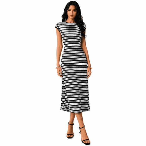 Women's Striped Knit Midi Dress, Crew Neck Cap Sleeve Bodycon Casual Dress