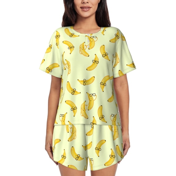 Logiee Bananas Print Womens Pajamas Set,Short-Sleeve Pajama 2 Piece Sleepwear with Pockets-Small