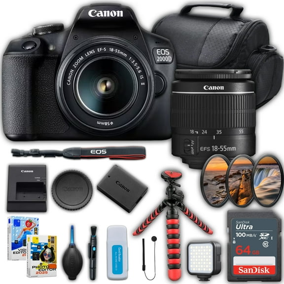 Canon EOS 2000D DSLR Camera With Canon EF-S 18-55mm F/3.5-5.6 DC III Zoom Lens   SanDisk 64 GB Memory Card   Camera Case   Spider Tripod   More (International Version)