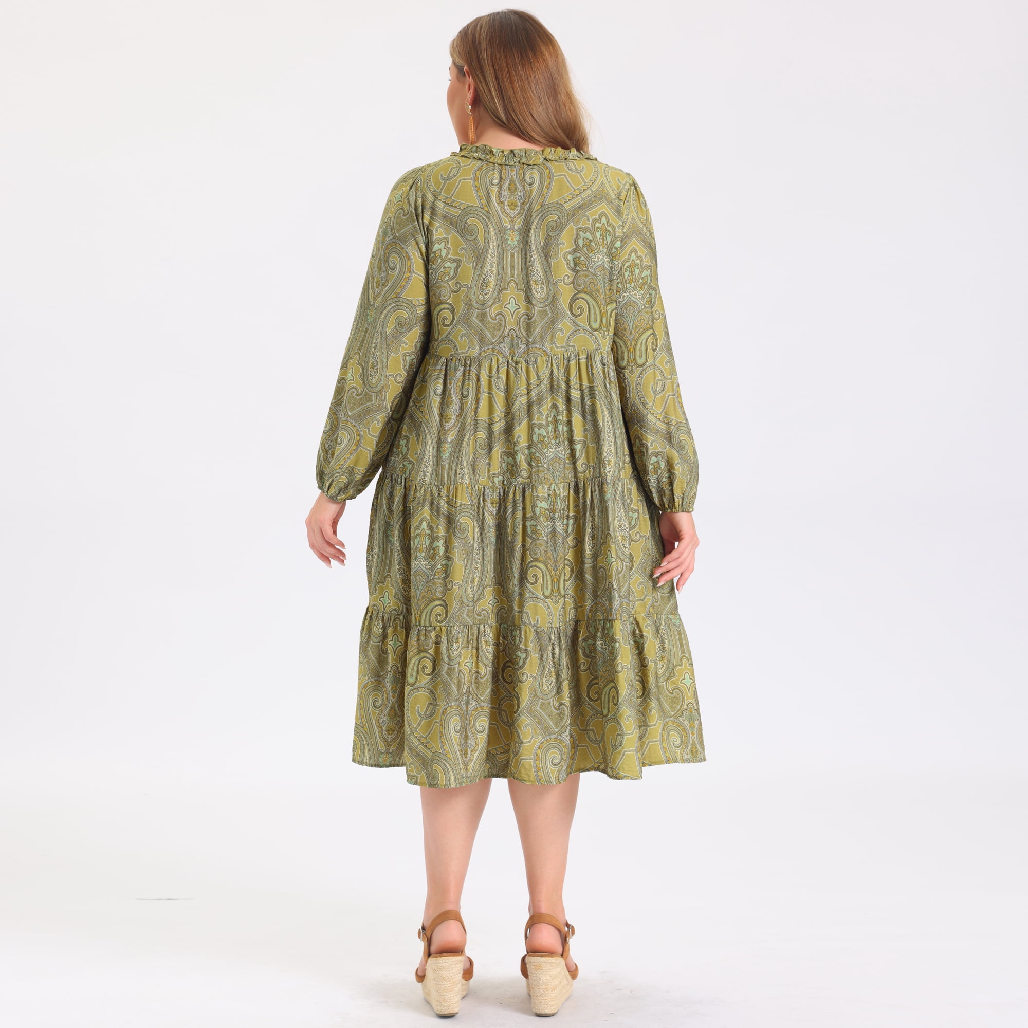 DARING DIVA Women's Plus Boho Ruffle V Neck Tiered A Line Dress 4X Olive Green