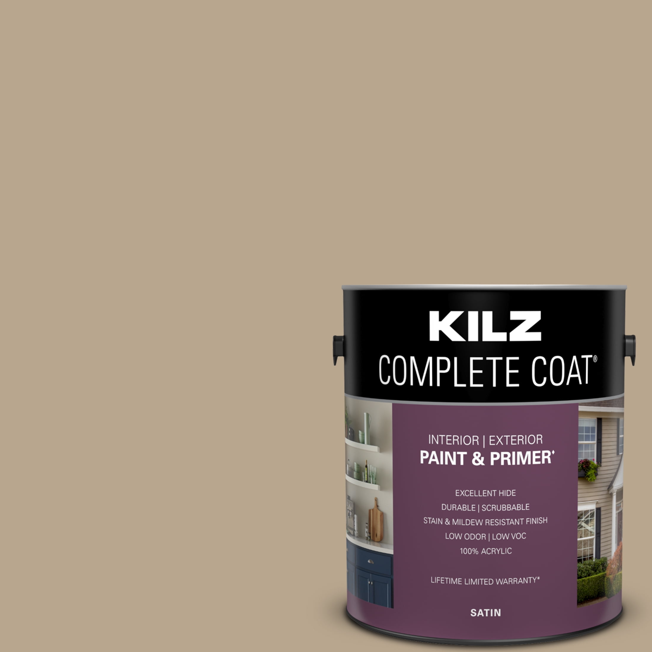 KILZ Complete Coat Paint & Primer, Interior/Exterior, Satin, Iced Mocha, 1 Gallon