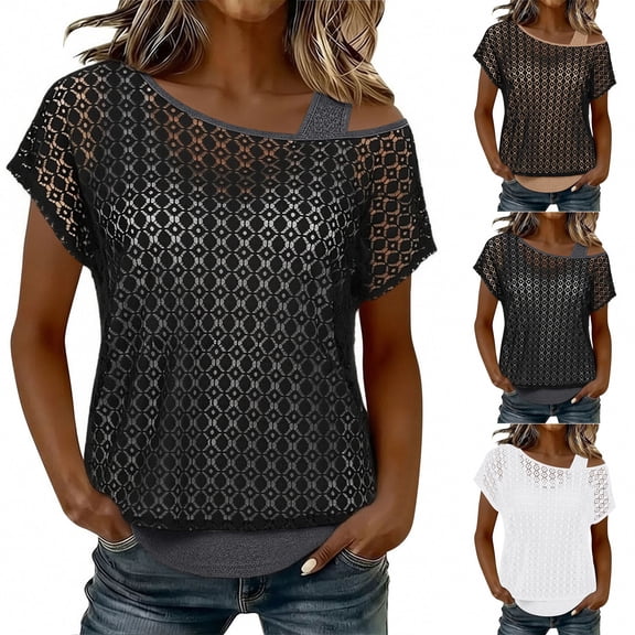 Noric Women's Short Sleeve Layered Top Lace Mock Two-Piece Tee Summer Fashion Crew Neck Blouse Casual Summer Outfits