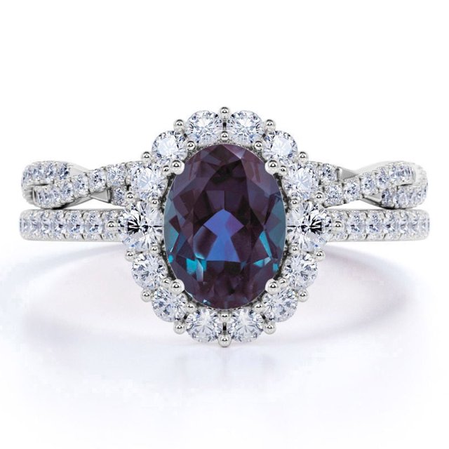 JeenMata Juego de Anillos de Boda con Gran Diseño de Alejandrita y Moissanita de Corte Ovalado de 2 Quilates Creados en Laboratorio: Alianza de Boda Infinita, Oro Blanco de 18 K sobre Plata
