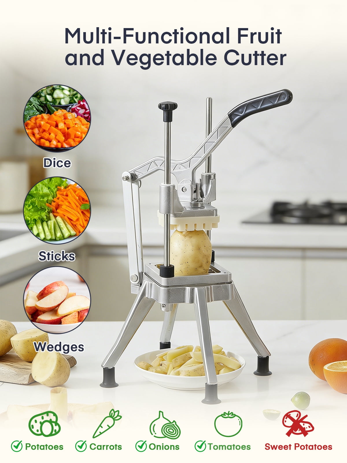 FOHERE Commercial Vegetable Fruit Chopper, W/6-Wedge Slicer&1/4″&3/8″&1/2" Blade Professional Food Dicer French Fry Cutter Onion Slicer Stainless Steel For Tomato Peppers Potato Mushroom