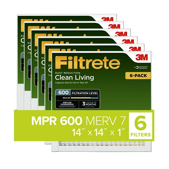 Filtrete 14x20x1 Air Filter, MPR 600, MERV 7, Clean Living Dust Reduction 3-Month Pleated 1-Inch Air Filters, 6 Filters