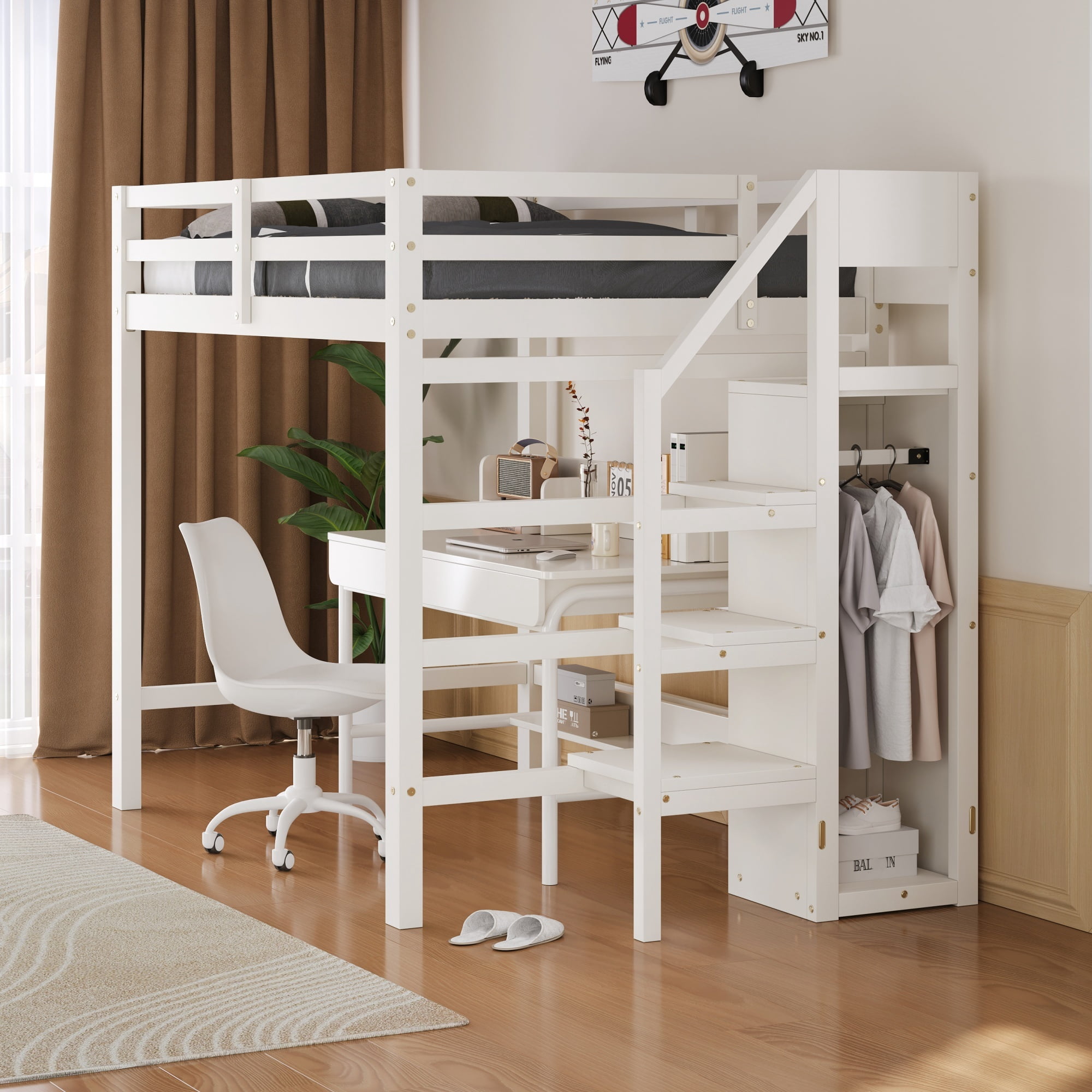 Euroco Wood Full Size Loft Bed with Storage Shelves and Wardrobe, White