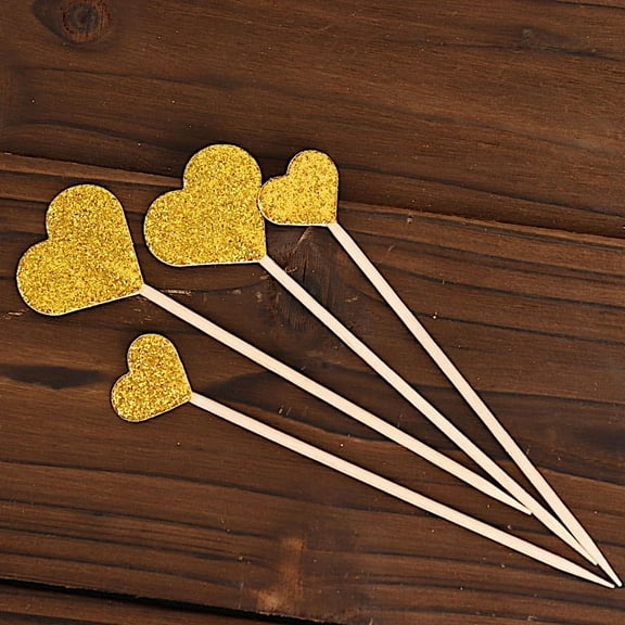 Balsa Circle 24 Gold Glittered Heart Cake Cupcake Toppers Picks Wedding Birthday Party Event Decorations Supplies