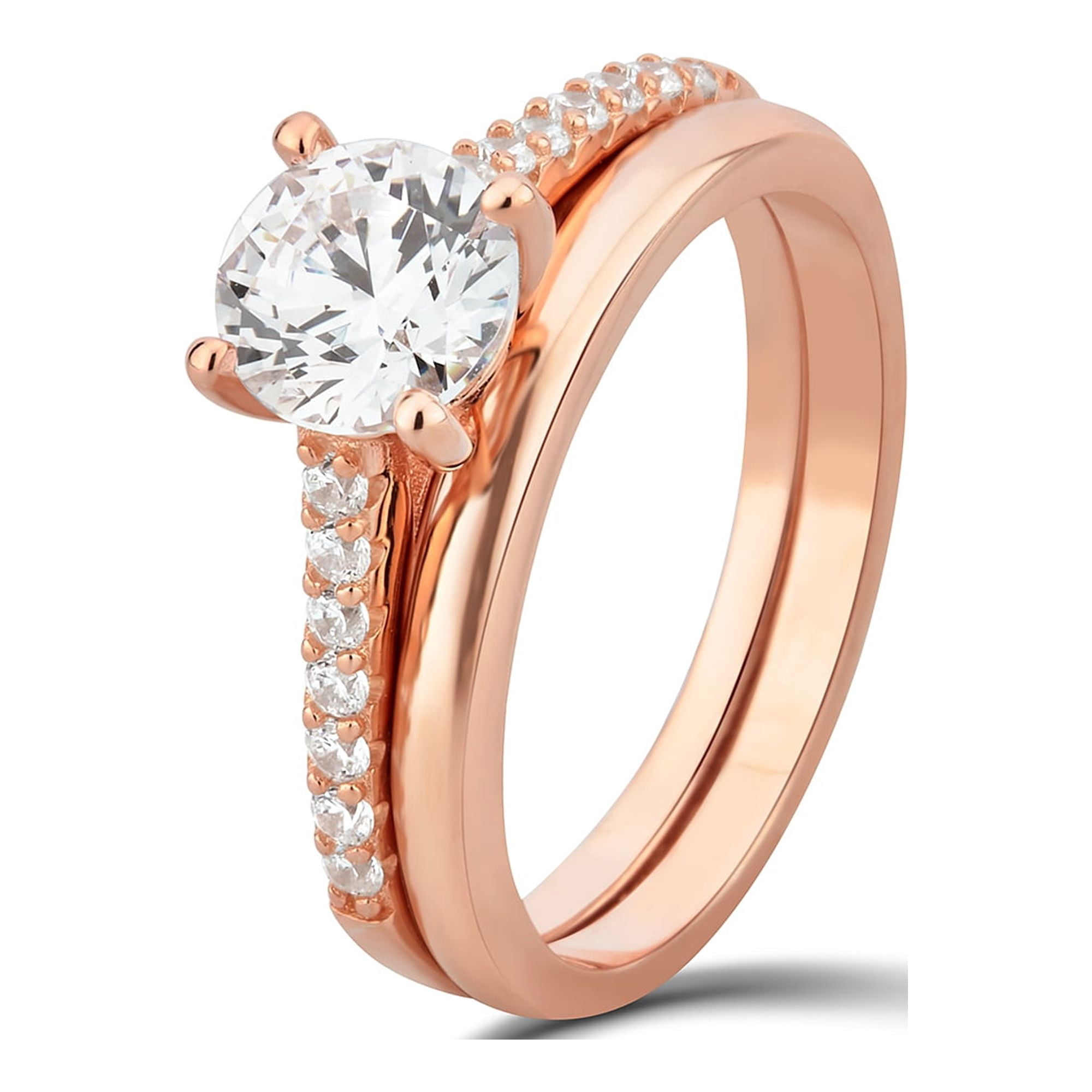 1-7/8 Carat T.W. Round Swarovski Sterling Silver Pink Plated Solitaire Bridal Set