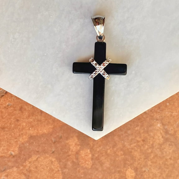 Sterling Silver Diamond-Cut Black Onyx Cross Pendant