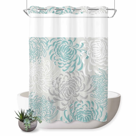 No Hook Shower Curtain, Aqua White Shower Curtains for Bathroom with See Through Top Window, Abstract Grey Chrysanthemum Flower Floral Waterproof & Washable Bath Curtain Stall 48"x72"