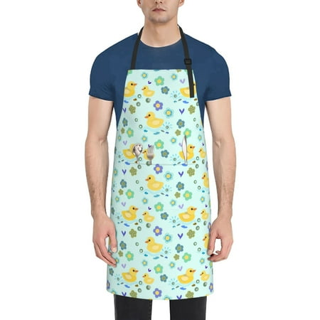

Pofeuu Duck Cartoon Print Waterproof Apron with Pockets Adjustable Cooking Aprons Kitchen Bib for Baking Household Cleaning