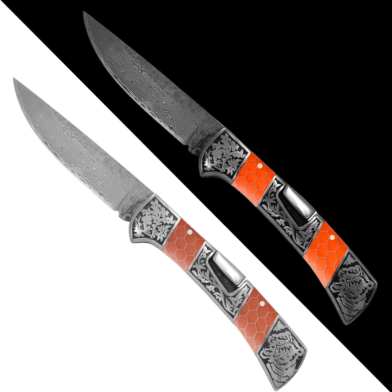 Grow In The Dark Luminous Damascus Pocket Folding Knife Resin Handle With Aluminum Mesh Honeycomb Pattern, Handmade Men Gifts 1pcs