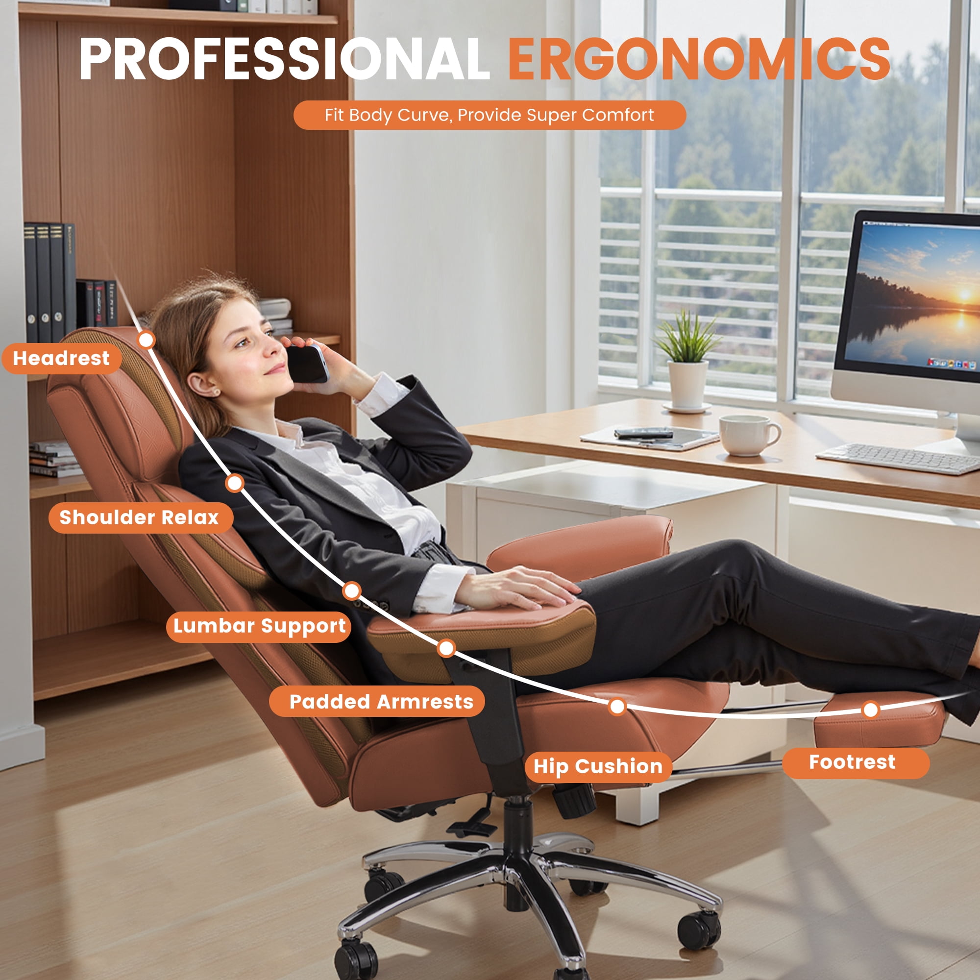 CoolHut Big and Tall Office Chair 400LBS, Adjustable Headrest Ergonomic Computer Desk Chair, Executive Leather Chair with Adjustable Armrest, High Back Office Chair Havy Duty Design, Brown