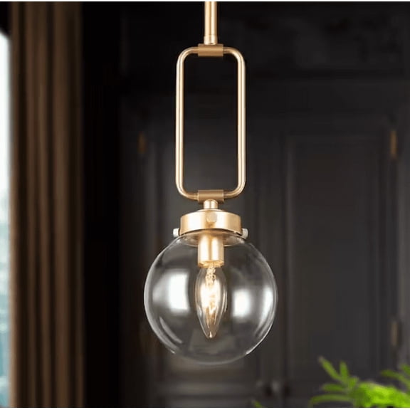 Open Box Uolfin Mid-Century Modern Kitchen Island Globe Pendant Light 1-Light Brass Gold Round Pendant Light with Clear Glass Shade