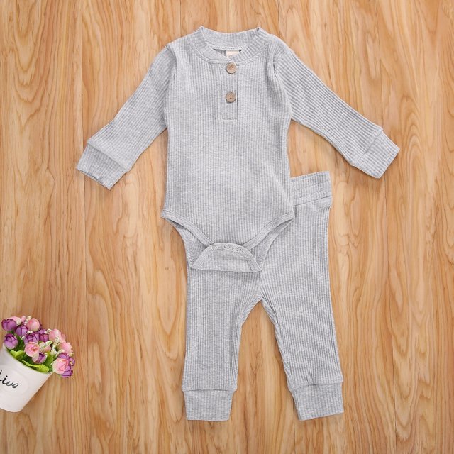 Infant Baby Knit Outfits Suits, Buttons Round Neck Long Sleeve Romper Top + Elastic Long Pant