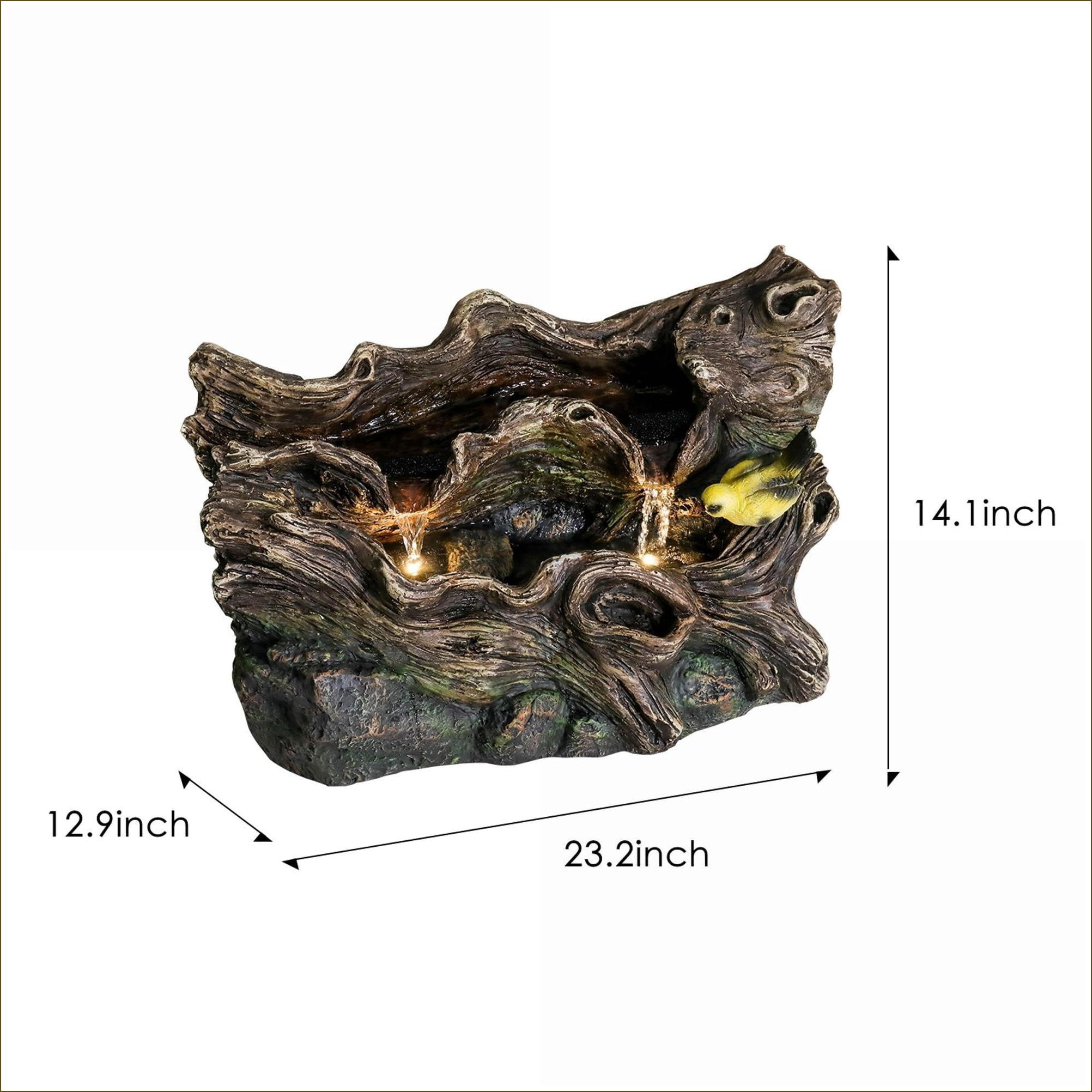 Fountains, 14.1" Tall Rustic Tan Brown Tree Trunk Outdoor Fountain for Garden Patio | Concrete / Cement | Single Tier
