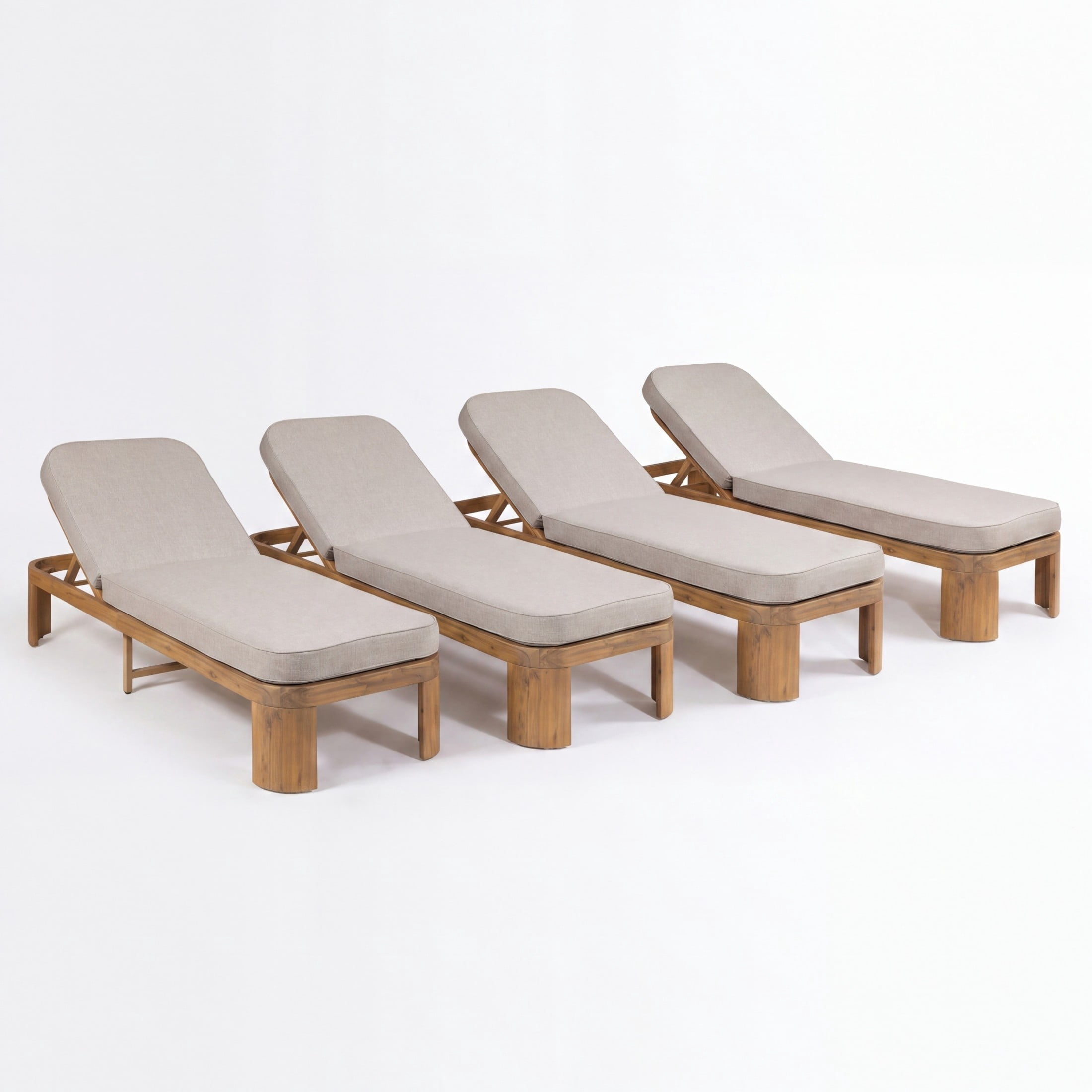 Christopher Knight Home Outdoor Wood Chaise Lounge with Adjustable Backrest and Beige Cushion, Teak, Set of 4