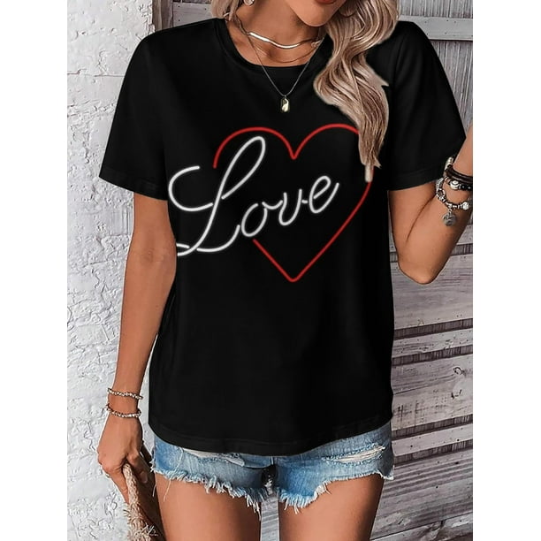 Camiseta minimalista y moderna de cuello redondo para mujer con estampado  de corazones en Jersey de manga corta estilo retro 100 Ideal 