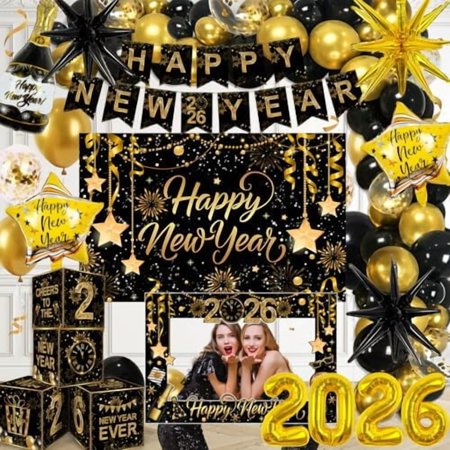 2026 New Years Decorations Black and Gold New Years Eve Balloons 2026 Banner Backdrop Photo Booth Props 4pcs Cards Boxes Kit for 2026 Eve Party Supplies in Indoor or Outdoor
