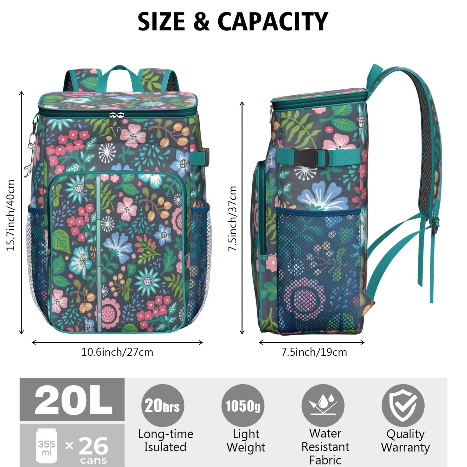 Travel Cooler Bag - Pioneer Flower Floral Print Pattern Camping Beer Cooler Backpack with Bottle Opener- Waterproof Insulated Picnic Backpacks - Cooler Bag for Beach