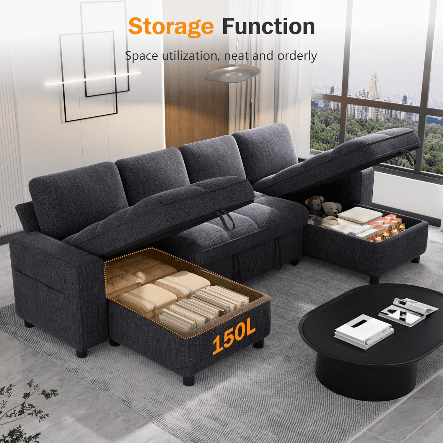 Sunny Heart Modular U - Shaped Chenille Sleeper Sofa with Pull - Out Bed, USB Ports, Adjustable Backrest & 2 Storage Seats, Tool - Free Assembly, Dark Grey for Living Room