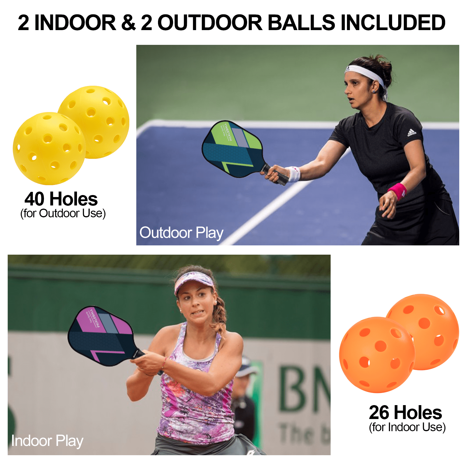 BEIVES 4-Pack Fiberglass Pickle Ball Set with 4 Balls & Portable Bag - Lightweight Pickleball Paddles for Indoor/Outdoor