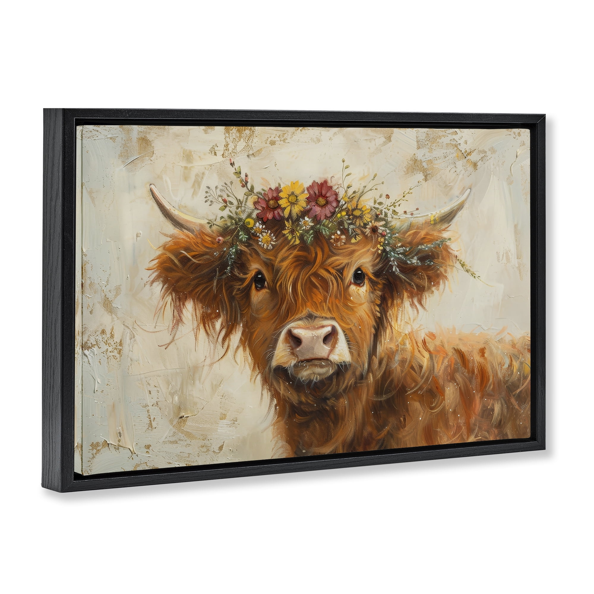 Stupell Industries Floral Crown Highland Animals & Insects Painting Black Floater Framed Canvas Art Print Wall Art, 25 x 17