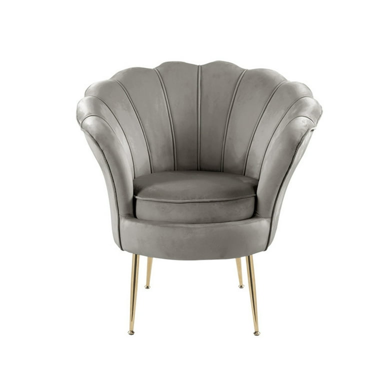 Angelina Velvet Scalloped Back Accent Chair with Metal Legs in Gray