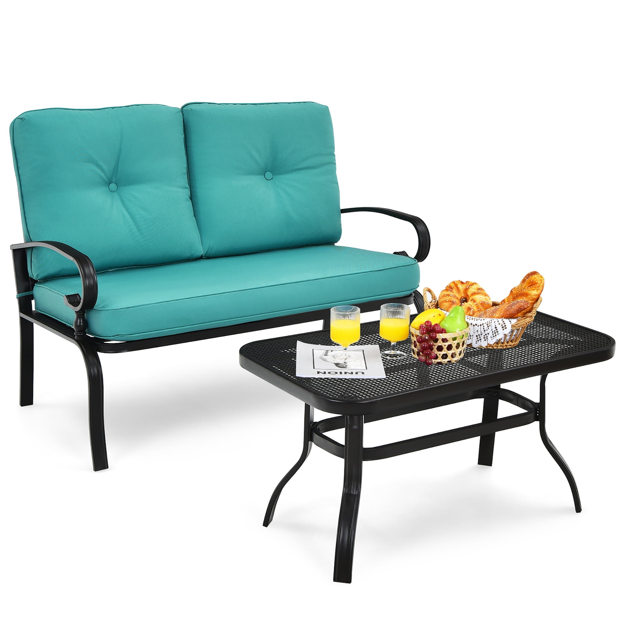Costway 2PCS Patio Loveseat Bench Table Furniture Set Cushioned Chair Turquoise