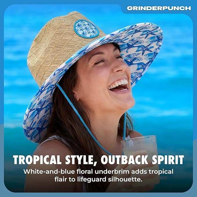Grinderpunch Lifeguard Hat Mens Straw Sun Hat for Beach, Outdoor, and Travel | UPF 50+ Sun Protection | Wide Brim Straw Beach Hat | Classic Sun Hat for Men and Women (Blue Nautical)