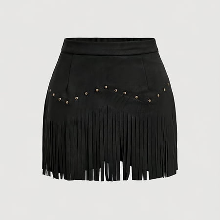 VIWORLD Western Fringe Mini Skirt - A-Line Denim Style with Decorative Button Details For Summer Black,S