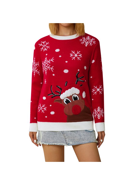 Women Men Oversized Christmas Sweater Snowflake Elk Long Sleeve Sweater Winter Pullover Sweaters