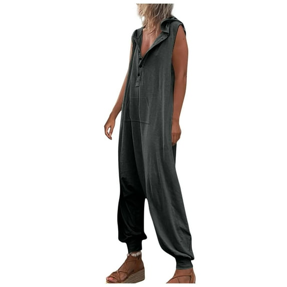 Women's Loose Button up V Neck Harem Long Pants Jumpsuits Sleeveless Baggy Hooded Summer Lounge Rompers Overalls Womens Clothes