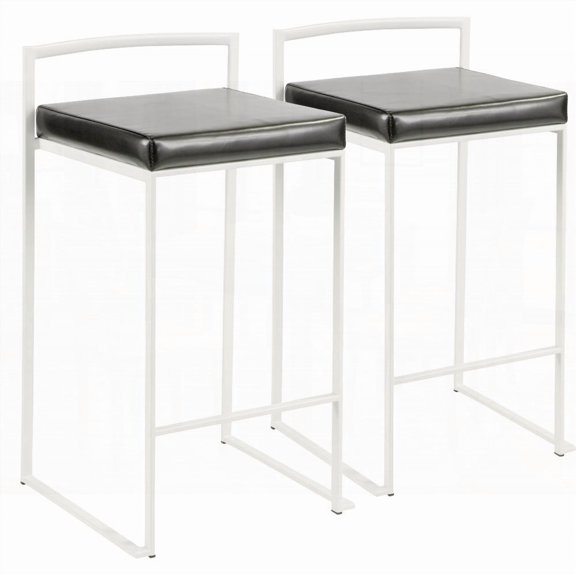 White Contemporary Stackable Counter Stools by LumiSource - Set of 2 (Full Solid Wood & Black Faux Leather)